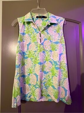 Polo Golf Sleeveless Collared Tank - Pink & Green Pineapple Print